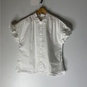 Caslon Ruffle Short Sleeve Collar Button Down Cotton Shirt Size XL White